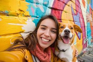 AI generated Smiling woman taking a selfie with her dog. Generative AI photo