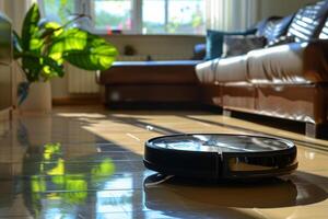 AI generated Robotic vacuum cleaner on the floor in cozy modern living room. Generative AI photo