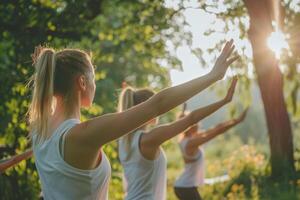 AI generated Women stretching outdoor. Yoga class doing exercise at park. Generative AI photo