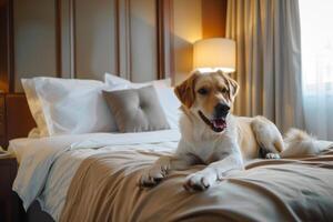 ai generado linda perro mentiras en cama a mascota simpático hotel. perro relaja en habitación en vacaciones. generativo ai foto