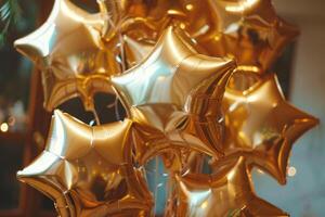 AI generated Group of gold foil star shaped balloons. Generative AI photo