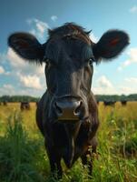 ai generado negro vaca es mirando a el cámara en verde campo foto