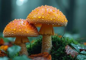 AI generated Two orange mushrooms with water droplets on them sitting on mossy log photo