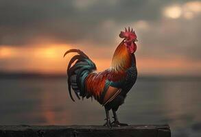 AI generated Rooster standing on fence at sunset photo