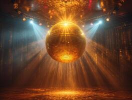 AI generated Gold disco ball and lights on stage photo