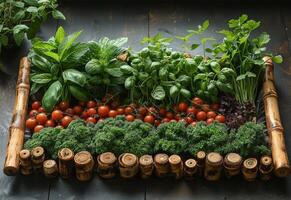 AI generated Fresh green and red vegetables and herbs on wooden background photo