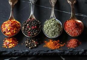 AI generated Spices in spoons on black stone background photo