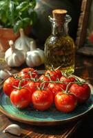 AI generated Tomatoes and olive oil on plate photo