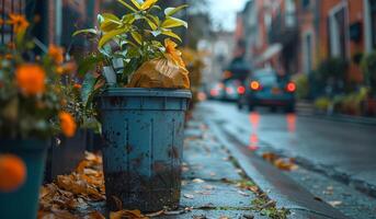 ai generado basura lata lleno con hojas y bolso de basura en ciudad calle foto