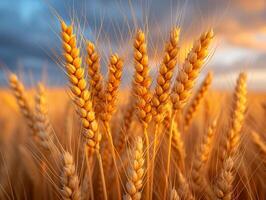 ai generado dorado trigo campo en el antecedentes de el ajuste Dom foto