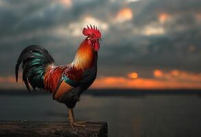 ai generado gallo en pie en de madera cerca a puesta de sol foto