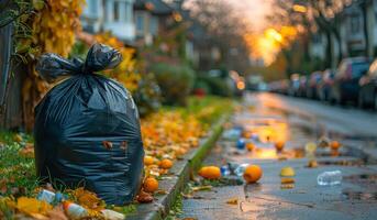 ai generado basura bolso y basura en el calle en otoño foto