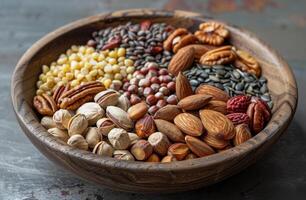 AI generated Various nuts and seeds in wooden bowl photo
