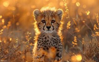 ai generado leopardo cachorro sentado en el césped y mirando a el cámara. foto