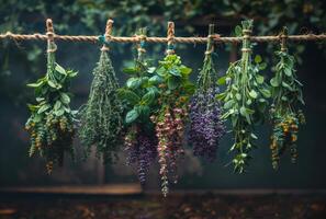 AI generated Fresh herbs hanging on leash. Natural medicine photo