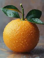 AI generated Ripe tangerine with leaves on gray background photo