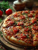 AI generated Delicious cheese pizza with tomatoes and herbs photo