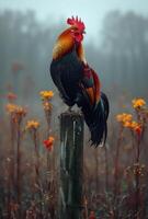 AI generated Rooster crowing on wooden pole in foggy morning photo