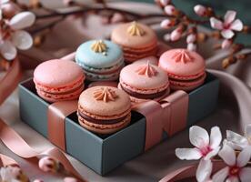 AI generated French macaroons in gift box with spring blossom photo