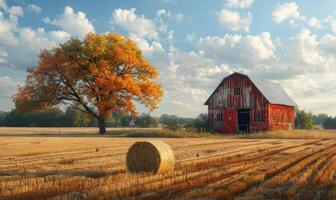 ai generado rojo granero y heno fardos en campo en soleado otoño día foto