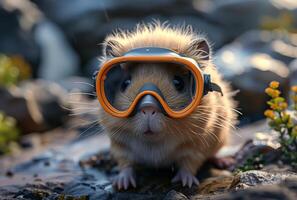 AI generated Hamster in goggles on the stone photo