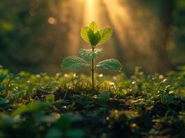 ai generado joven planta creciente en el suelo y el Mañana luz de sol brillante mediante el hojas foto