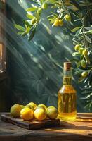 AI generated Olive oil and lemons on the wooden table and olive branch photo