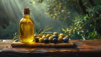 AI generated Olive oil and berries are on the wooden table and olive tree background photo