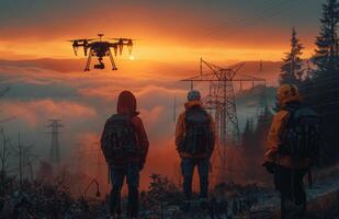 AI generated Three men are operating drone over foggy forest at sunset photo