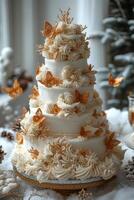 AI generated Beautiful white wedding cake with gold butterflies on the table photo