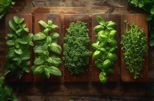 AI generated Fresh herbs on wooden table photo