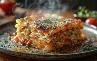 AI generated Lasagna with meat and vegetables in plate on wooden table photo