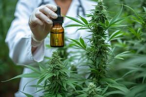 AI generated Scientist holds full vial of hemp oil in her hand. photo