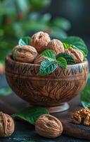 AI generated Walnuts in wooden bowl with leaves photo