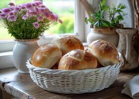 AI generated Freshly baked buns in basket photo