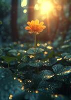 AI generated Yellow flower in the forest. Yellow flower blooming in the morning light on green field photo