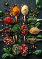 AI generated Assorted colorful spices in the spoons on the black stone table photo