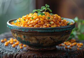 AI generated Yellow lentils in bowl on wooden table photo