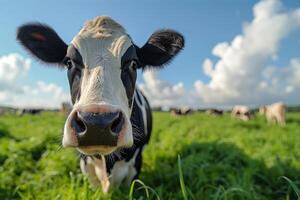 ai generado un vaca soportes en verde campo con amarillo flores foto