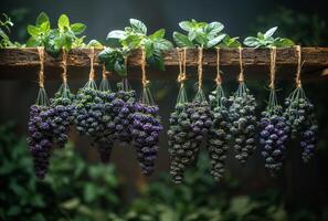 AI generated Black currants are hanging on rope in the garden photo