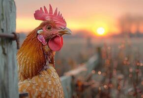 AI generated Rooster looking over fence at sunset photo