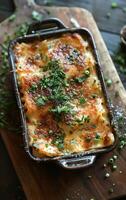 ai generado cazuela plato de horneado lasaña con queso y hierbas foto