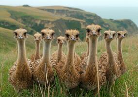 AI generated Ostrich chicks standing in row photo