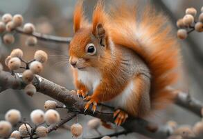 AI generated Red squirrel sitting on branch with acorns photo