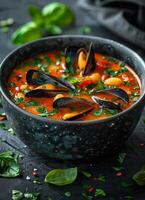 AI generated Traditional Italian fish soup with mussels and pasta in ceramic bowl photo