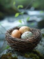 ai generado Tres huevos en nido en rock en el bosque foto
