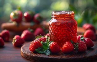 AI generated Jar of strawberry jam on wooden table photo