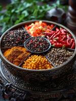 AI generated Spices and herbs in bowl on wooden table photo