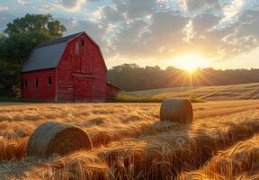 AI generated Red barn and hay bales sit in field at sunset photo