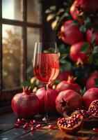 AI generated a wine glass in front of pomegranates photo